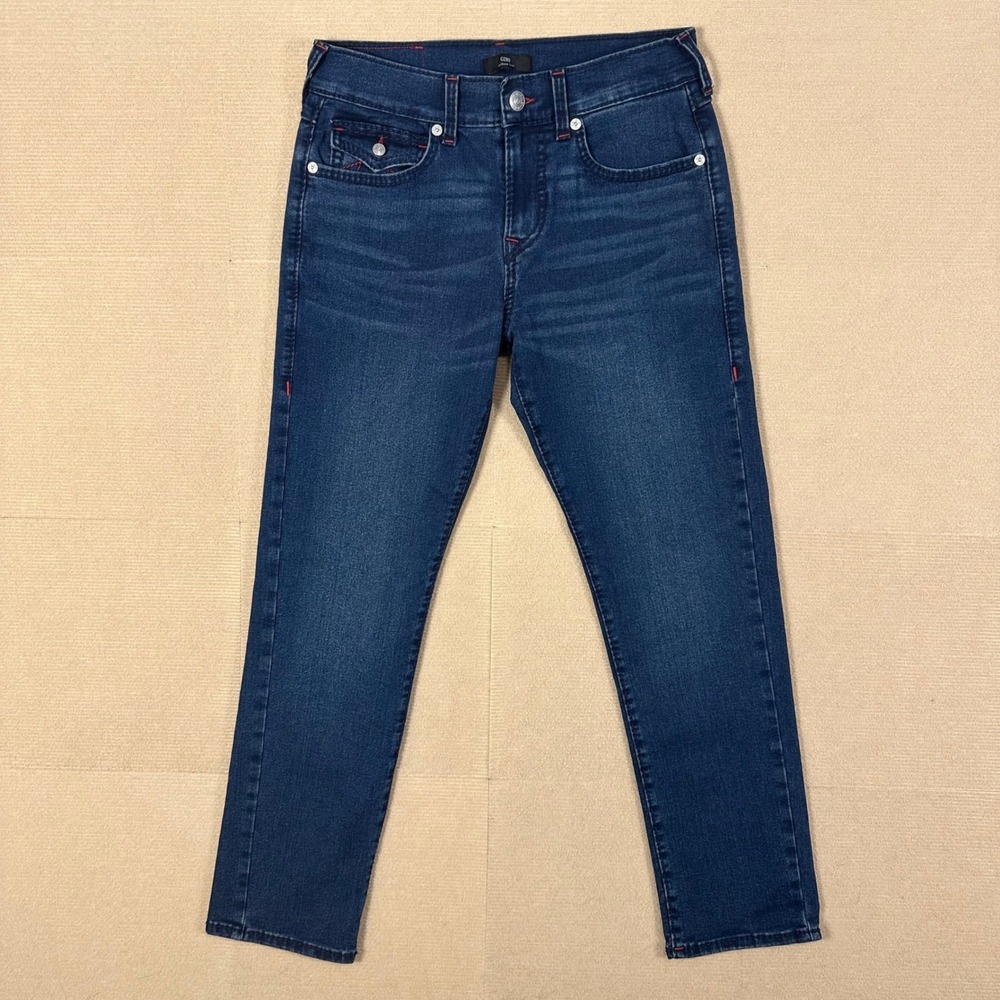 True Religion Big T Flap Jeans Men 30x30 Geno Relaxed Slim Dark Wash Red Stitch